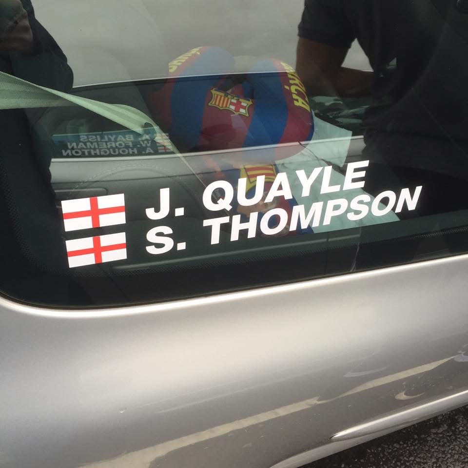 J. Quayle and S. Thompson windscreen name decals with England flags